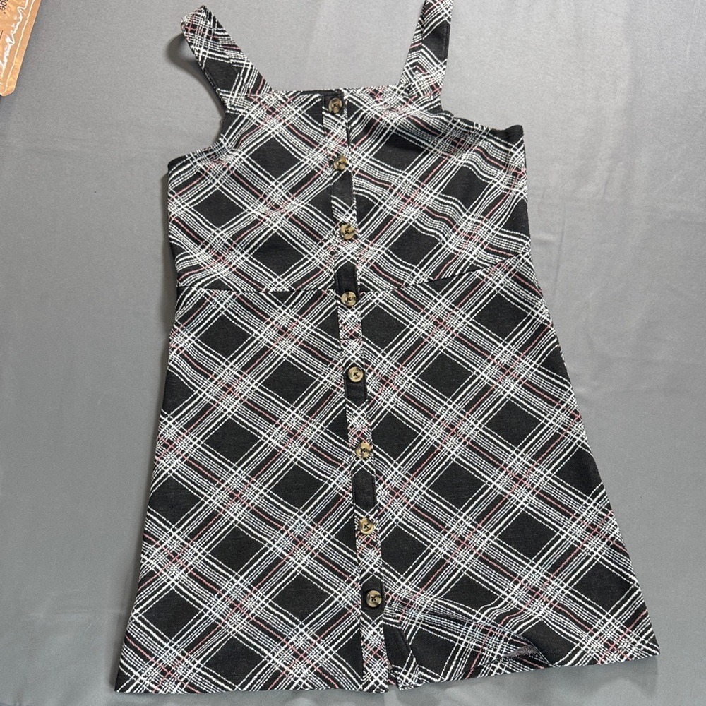 Girls SO Button-Front Jumper Dress‎ Plaid Black White Red Size XL 14/16
